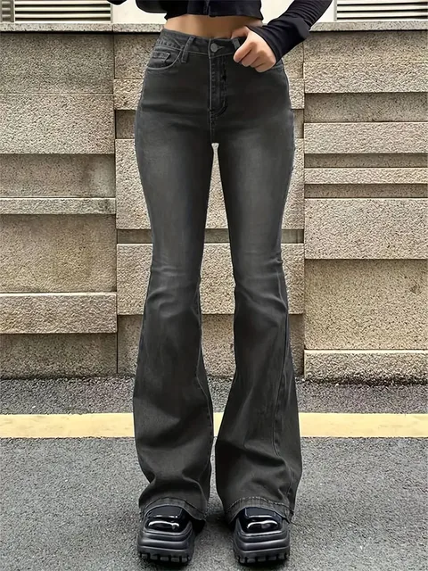 Jean évasé extensible pour femmes, moustache, mode, slim, bas de cloche, taille haute, pantalon en Denim gris, classique, Punk Y2K, Long 4