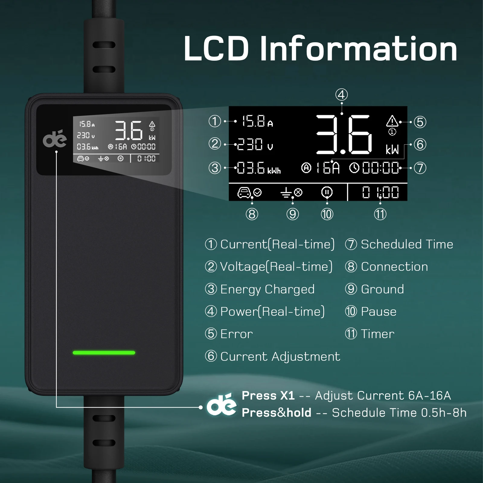 Cavo Ricarica Auto Elettrica Tipo 2 Schuko - 3,68 KW, 10m, Con Display, Per Model 3/Y, E-208, Ecc. - Foto 7