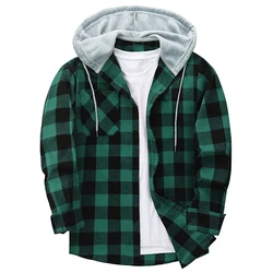 Fashion Men's Plaid Long Sleeve Hooded Shirts Patchwork Buttons Pocket Shirts Coat Work Casual Tops Cardigan Man
