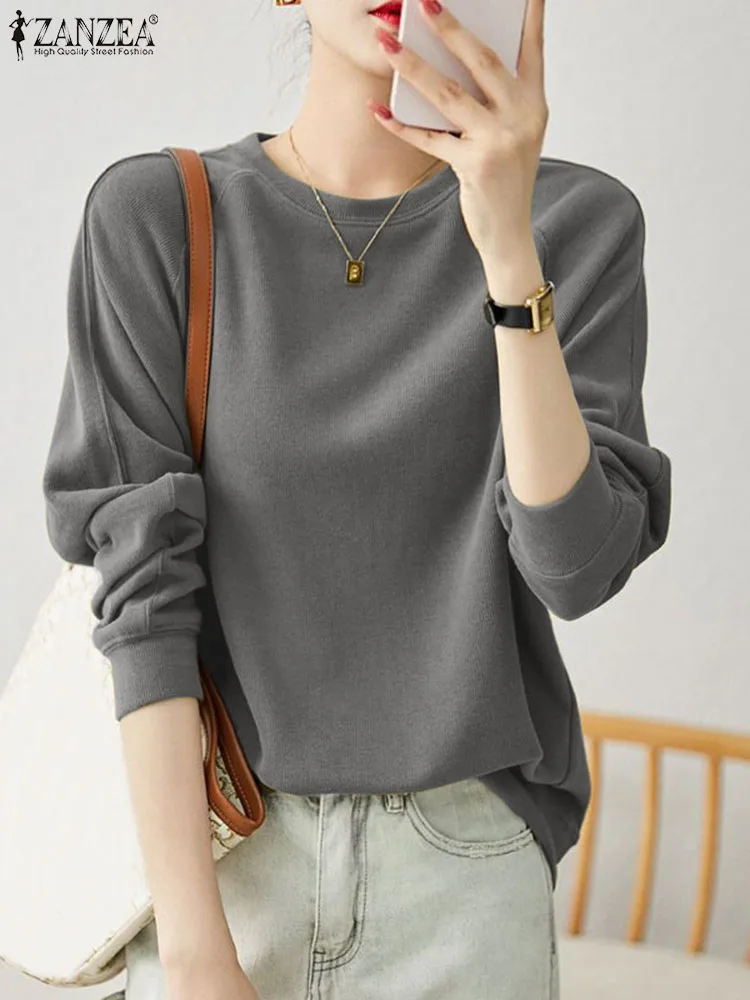 

Женские повседневные однотонные толстовки, топы 2023 ZANZEA, стильный осенний свитшот с круглым вырезом и длинным рукавом, женский свободный пуловер, свитшоты для женщин