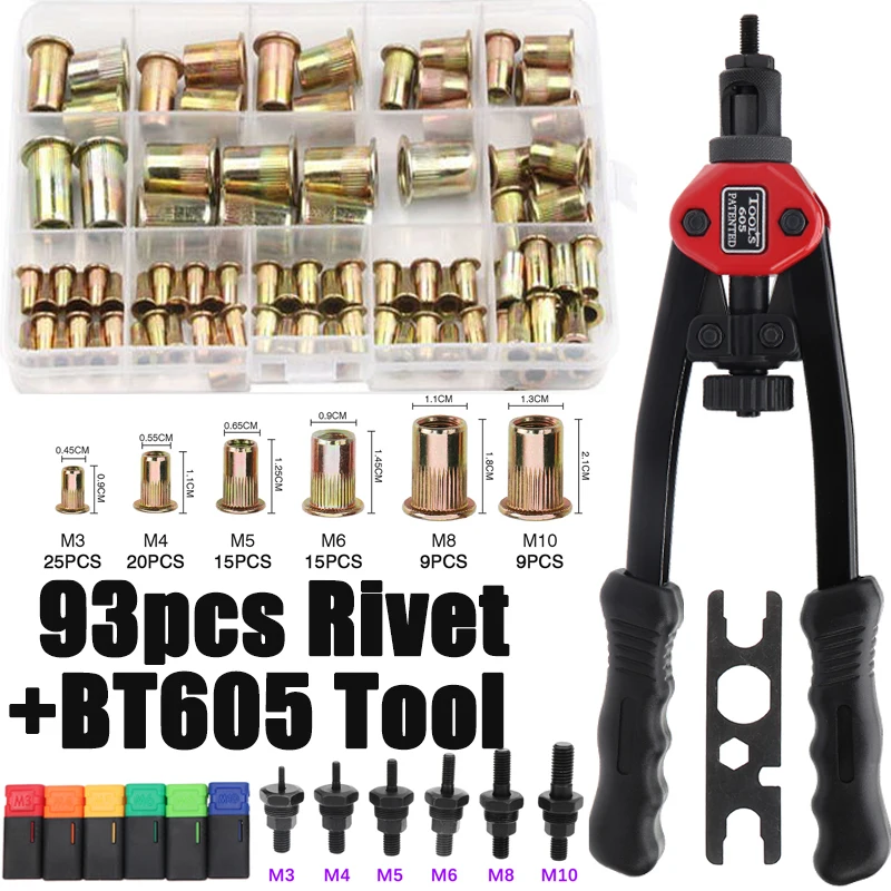 

93pcs Rivet Nut Hand Threaded Rivet Nuts Gun BT605 M3 M4 M5 M6 M8 M10 Double Insert Manual Riveter Gun Riveting Rivnut Tool