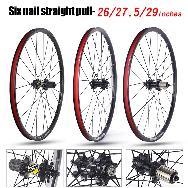 Roue de vélo de montagne 26/27,5/29 pouces, six goujons, tirage droit, 2 roulements, 8-11 vitesses, 24H, en alliage d'aluminium TAOKAS MTB