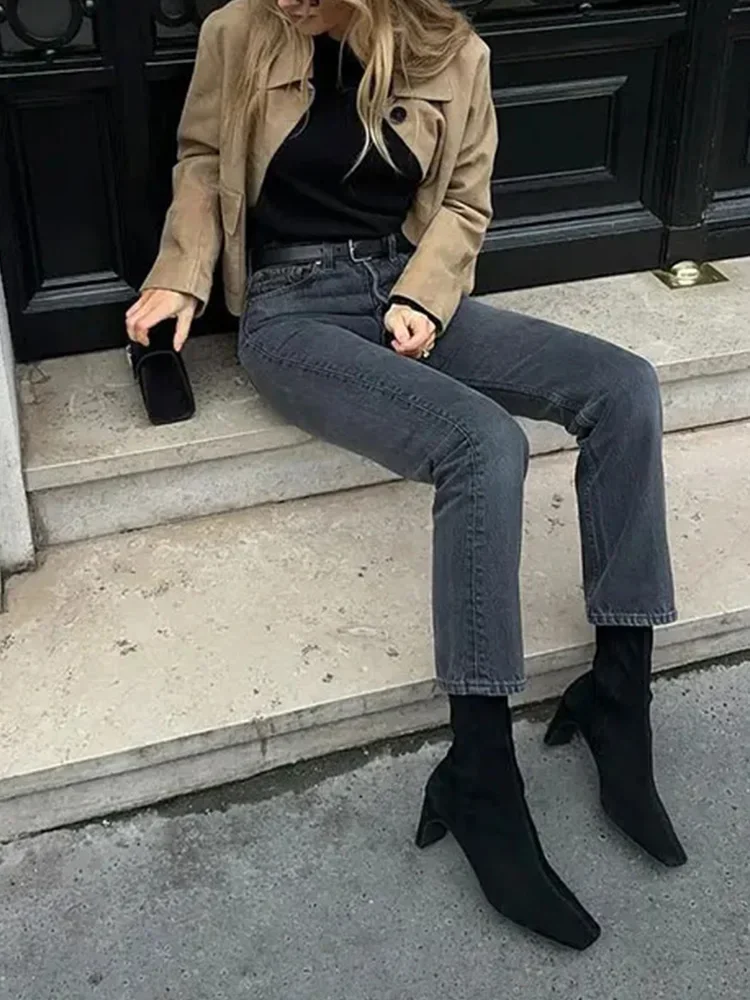 2024 Autumn Lady New Streetwear Fashion Suede Leather Long Sleeve Cropped Jacket Women Casual Lapel Single Breasted Pockets Coat - Image 4