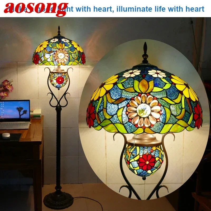 

AOSONG Tiffany Floor Lamp American Retro Living Room Bedroom Lamp Country Stained Glass Floor Lamp
