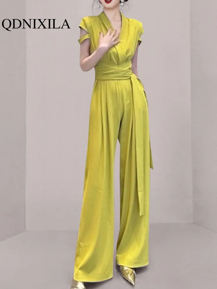 

Женский комбинезон с V-образным вырезом, элегантные длинные летние комбинезоны с высокой талией и широкими штанинами, женский комбинезон с короткими рукавами