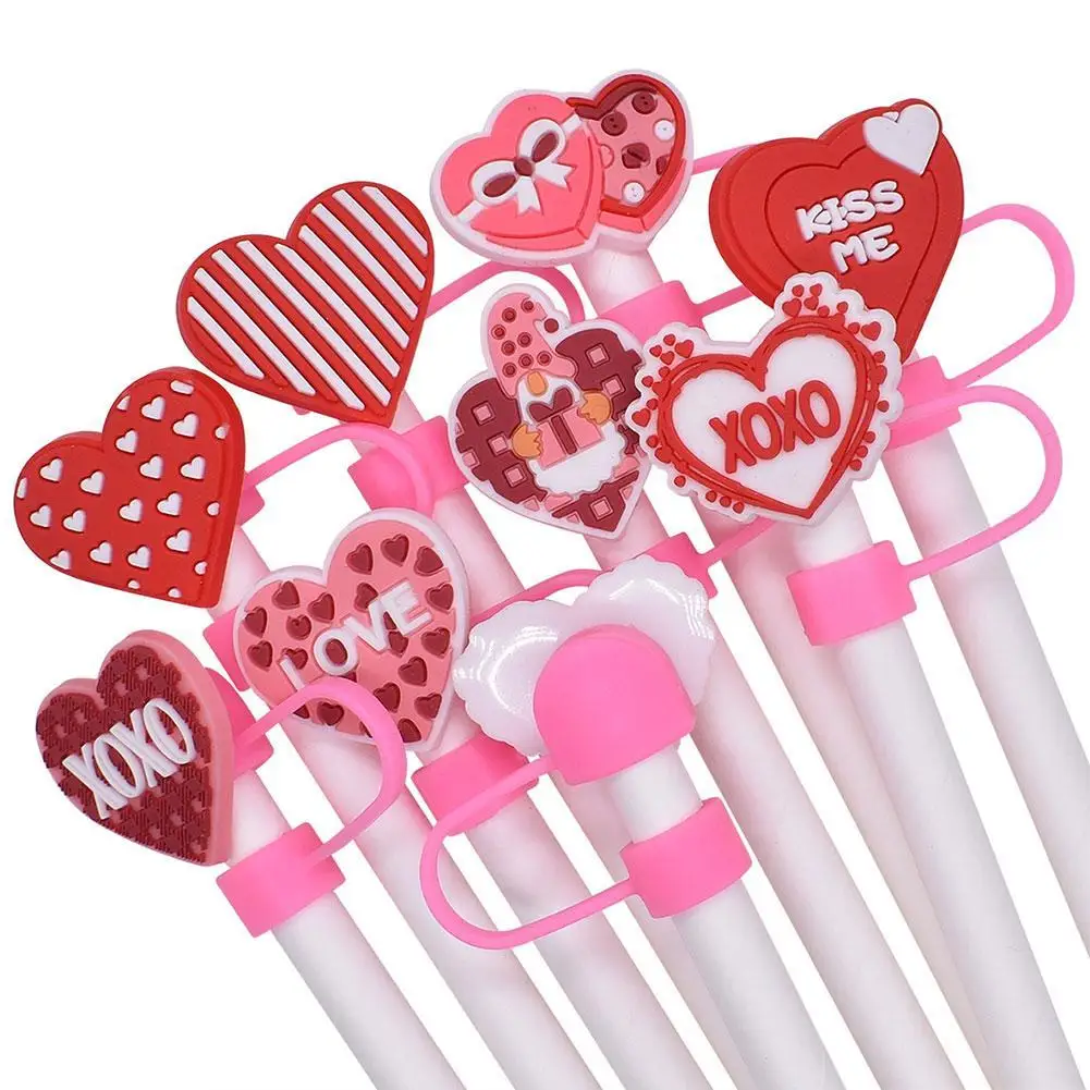 

Valentine Straw Cover Red Pink Theme Cute Silicone Straws Tips Cover Reusable for 7-8mm/0.2-0.3in Diameter Straws