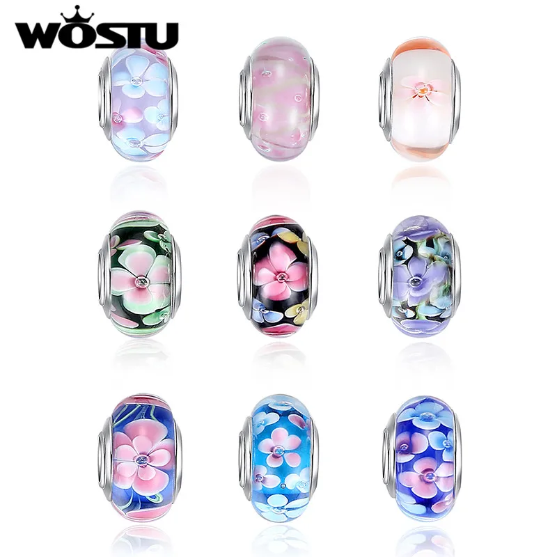 Glass Beads WOSTU Silver Plated Murano Crystal Flower Round Charms 1Pcs For DIY Jewelry