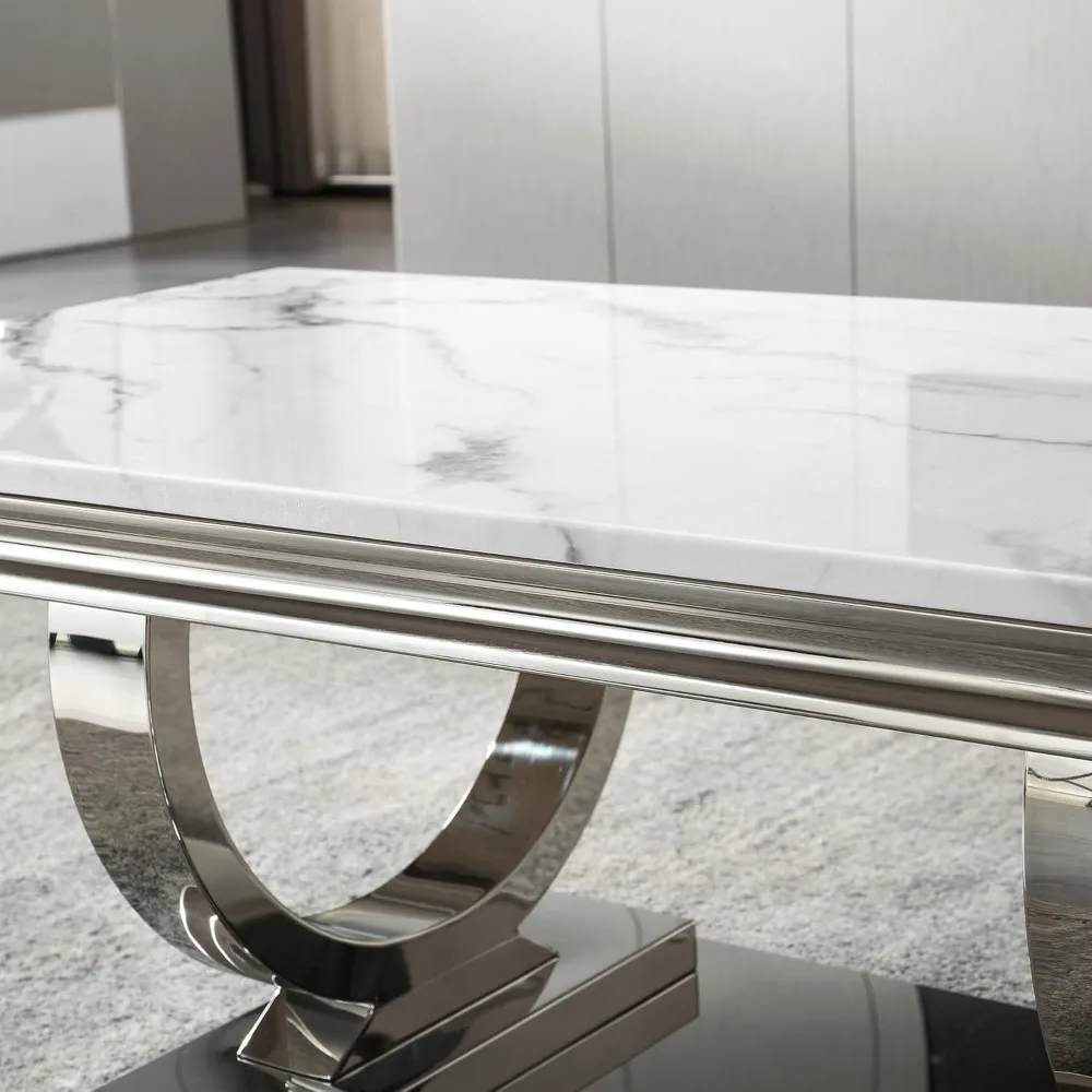 Modern Marble Coffee Table,Rectangular White and Silver with U-Shape Stainless Steel Base with Silver Mirrored Finish LivingRoom 3