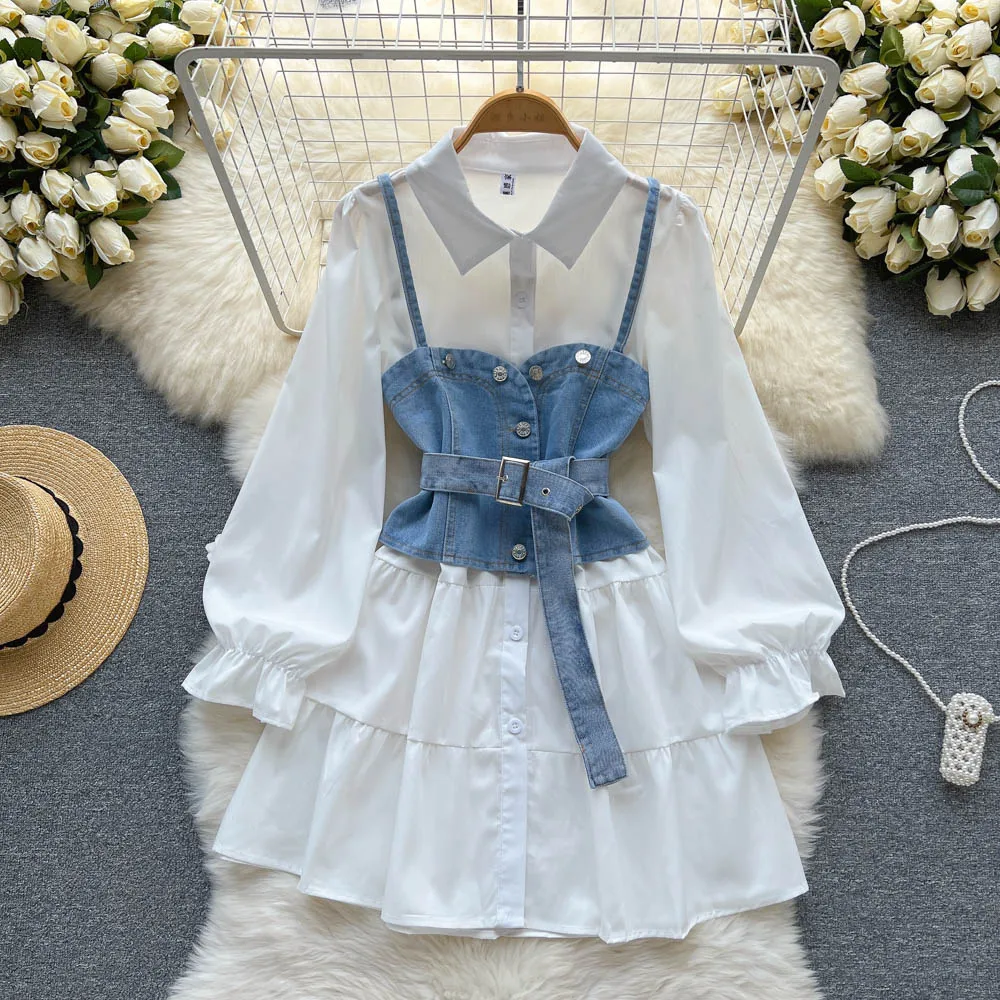 Denim Vest Dress Women Shirt Vest Two Piece Dress Women White Denim
