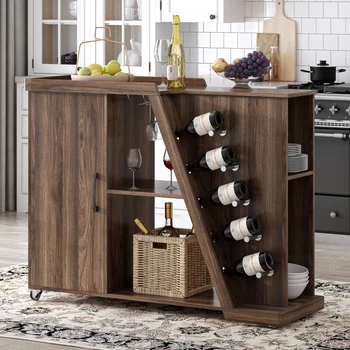 Kitchen Island Cart on Wheels with Adjustable Shelf and 5 Wine Holders, Storage Cart for Dining Room, Kitchen (Brown)