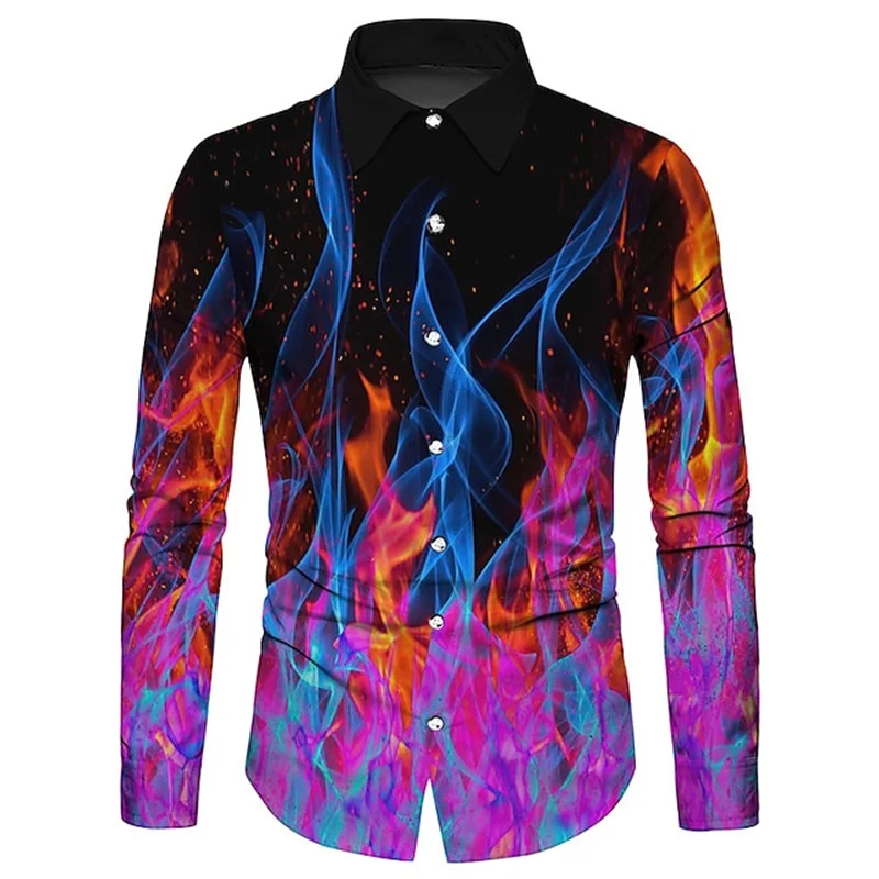 Fashion Tops Men's Shirt Flame Spark HD Pattern Printing Lapel Outdoor Street Long Sleeve Button Printing Clothing Clothing New