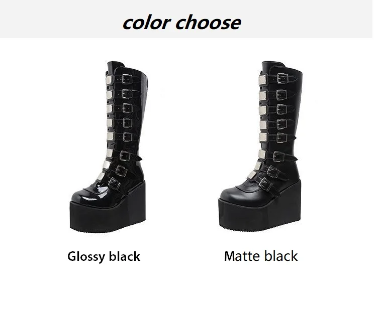 New Women's Cosplay Boots Multi-row Belt Buckle Long Tube Leather Knight Boot Punk Gothic Classic Black High Heel Shoe Knee-High