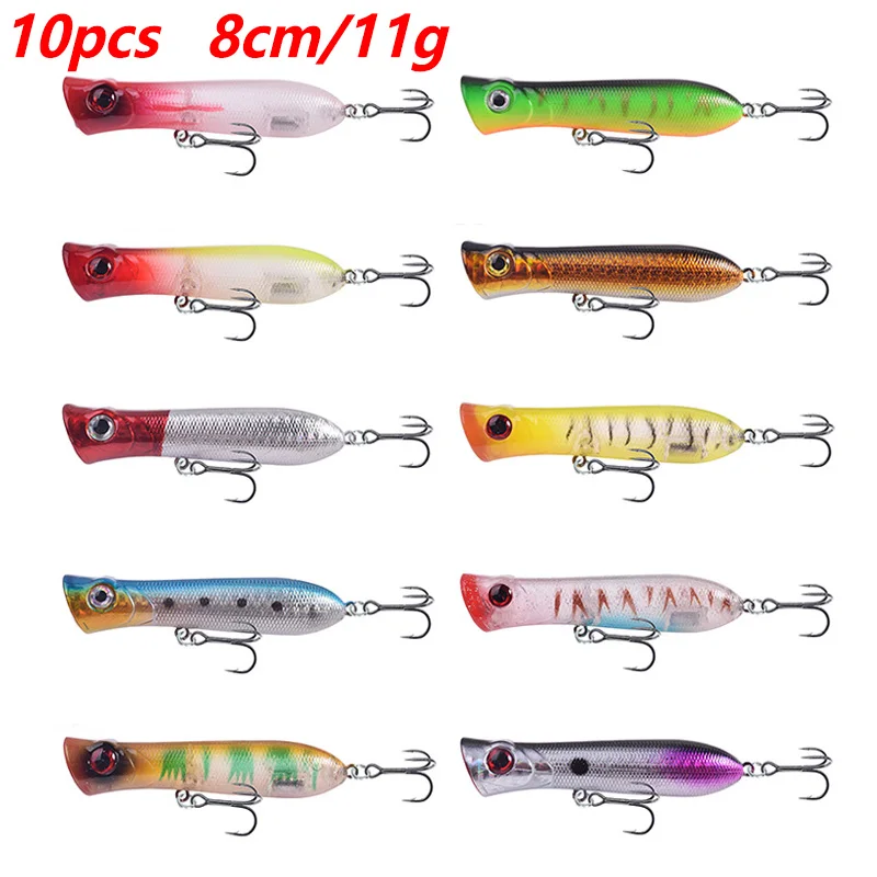 

10 Pcs Topwater Fishing Lure Set Mix Colors​ Popper Wobblers Swimbaits Plastic Artificial Bait Bass Crankbait Fishing Tackle​