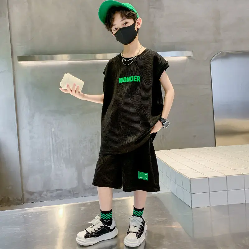 

2023 Teen Children Clothing Set Summer Cotton Kids Boy Suit Patchwork Fake Two Piece Short Sleeve T Shirt+Shorts Outfits 5-14Yrs