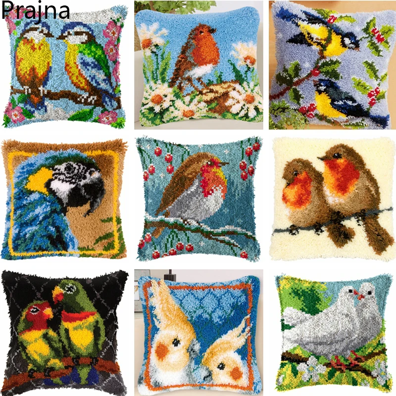 Latch Hook Pillow Kit - 17x17 Inch Hummingbird Design With Preprinted Canvas & Acrylic Yarn