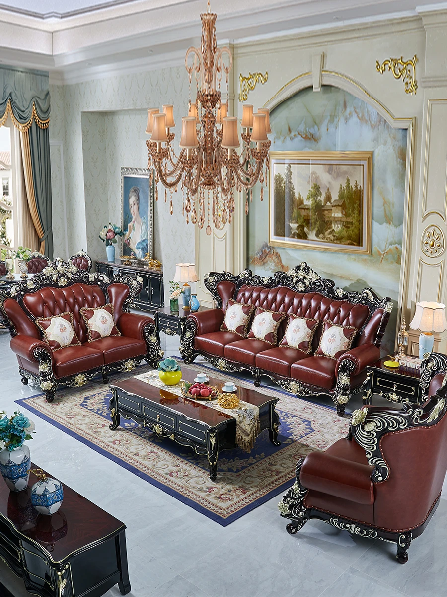 

European sofa combination 124 Neoclassical ebony full solid wood double-sided carved leather sofa