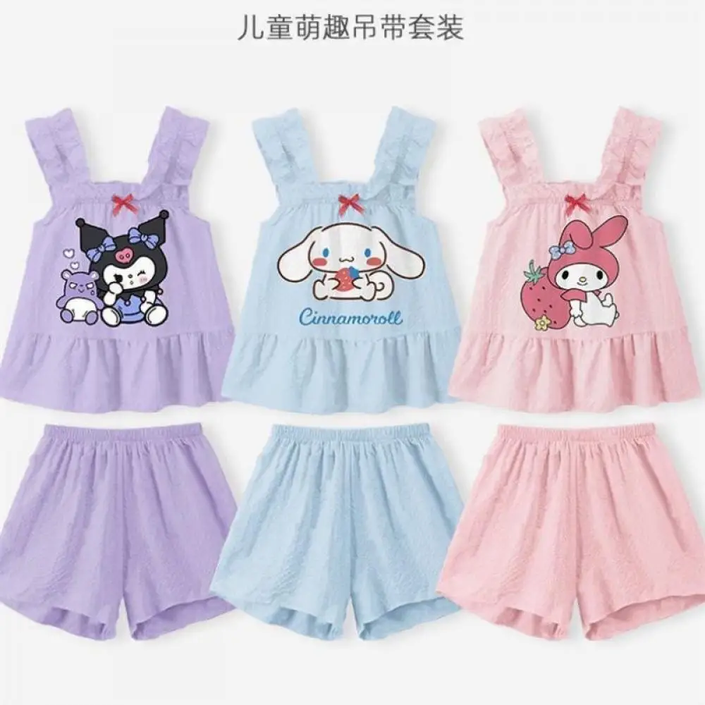 

Sanrio Girl Thin Pajama Set Kuromi My Melody Cinnamoroll Fashion Camisole Short Sleeves Homewear Suit Summer Children's Pajamas