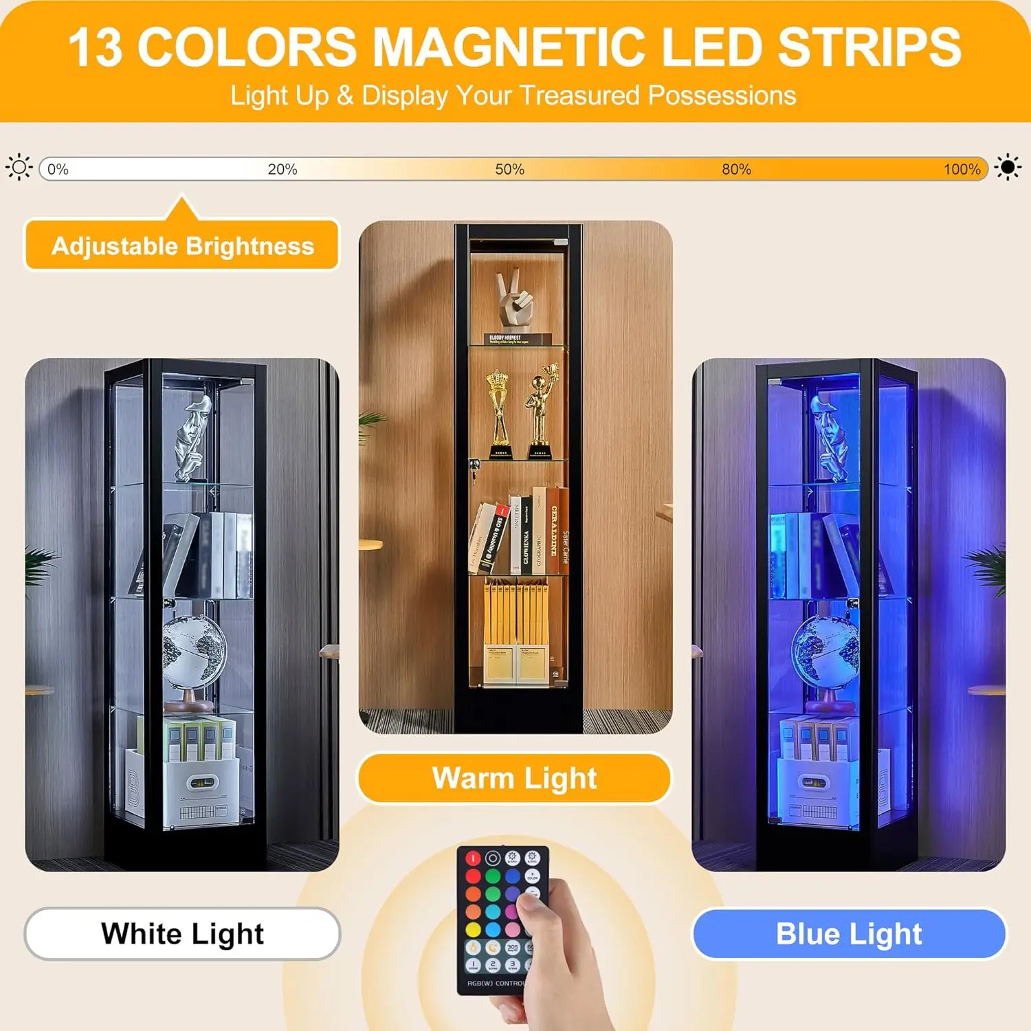 4-Tier Glass Display Cabinet Case with 13 Colors Light & Lock,63 Curio Cabinet with Glass Door&Adjustable Shelves,Thickened 5MM