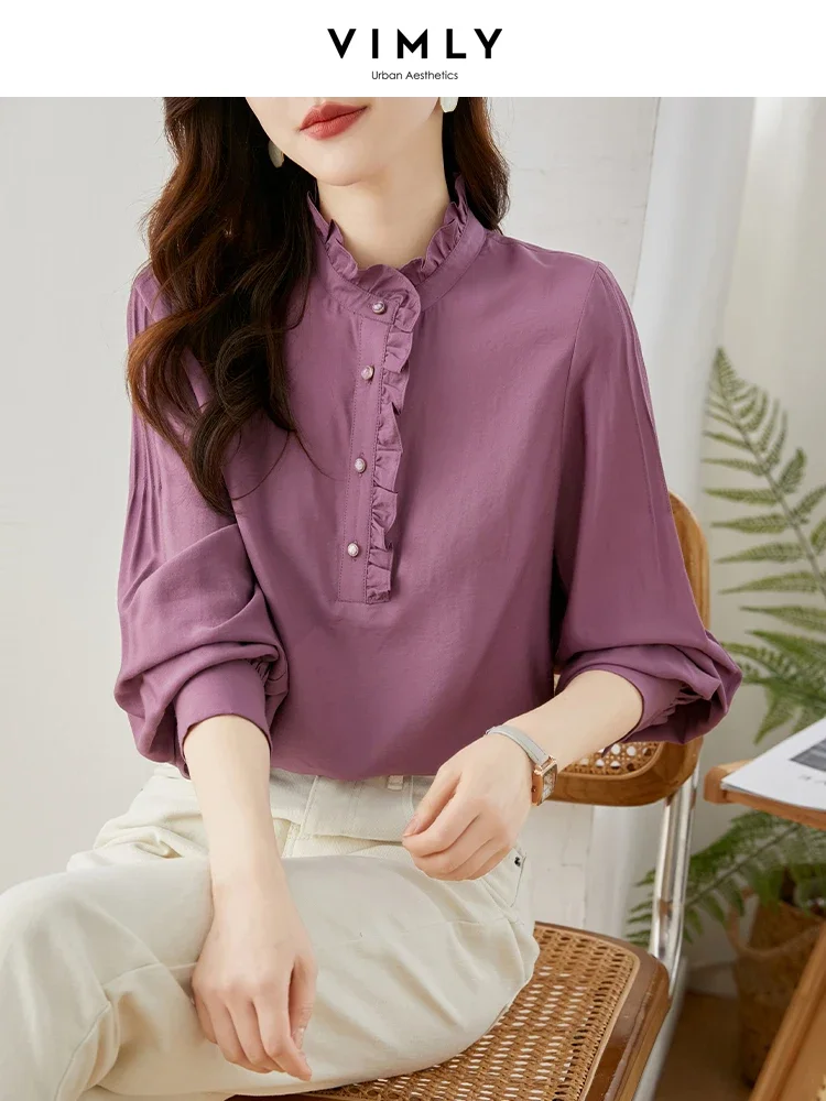 

Vimly Elegant Ruffled Stand Collar Shirts for Women 2023 Spring Autumn Clothes Long Lantern Sleeve Loose Pullover Tencel Blouses