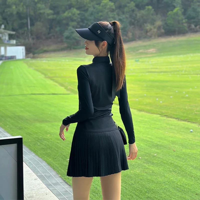 Golf Women's Shirts Sunscreen Long Sleeve Lapel Tops Ladies Sports Pleated Skort High Waist Anti-Light Golf Skirts