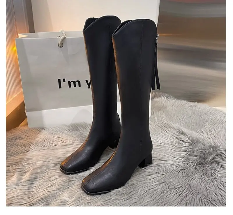 2023 Knee High Boots Women Fleece Chunky High Heels Back Zipper Thigh High Boots PU Leather Shoes Fashion Winter Long Boots New