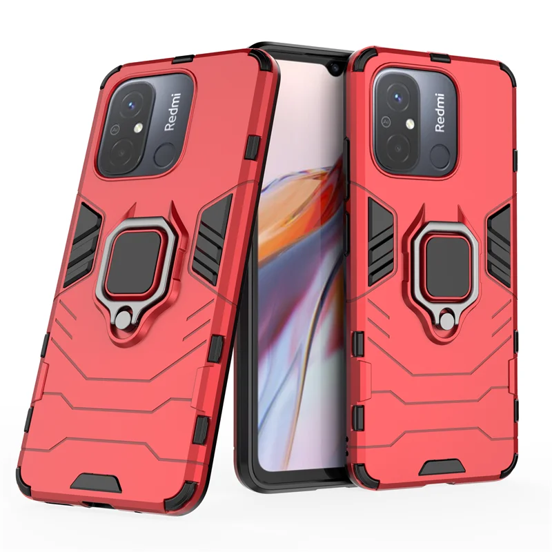 Rugged Shockproof Armor Phone Case with Magnetic Ring Holder and Back Cover in Black