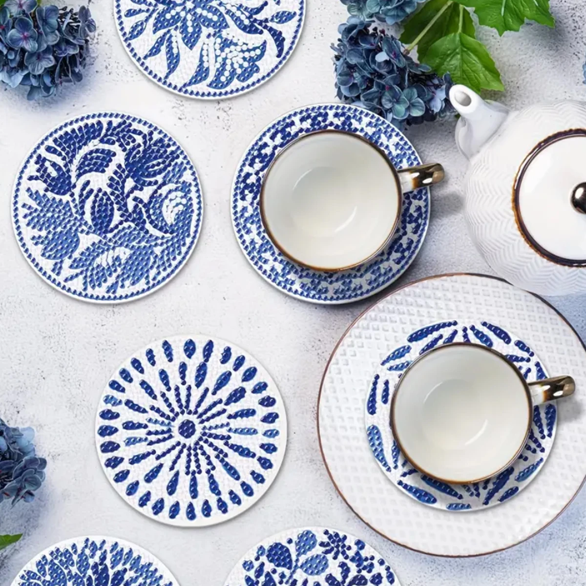 Elegant Porcelain Pattern Diamond Art Coaster Set with Complimentary Holder (8-piece)