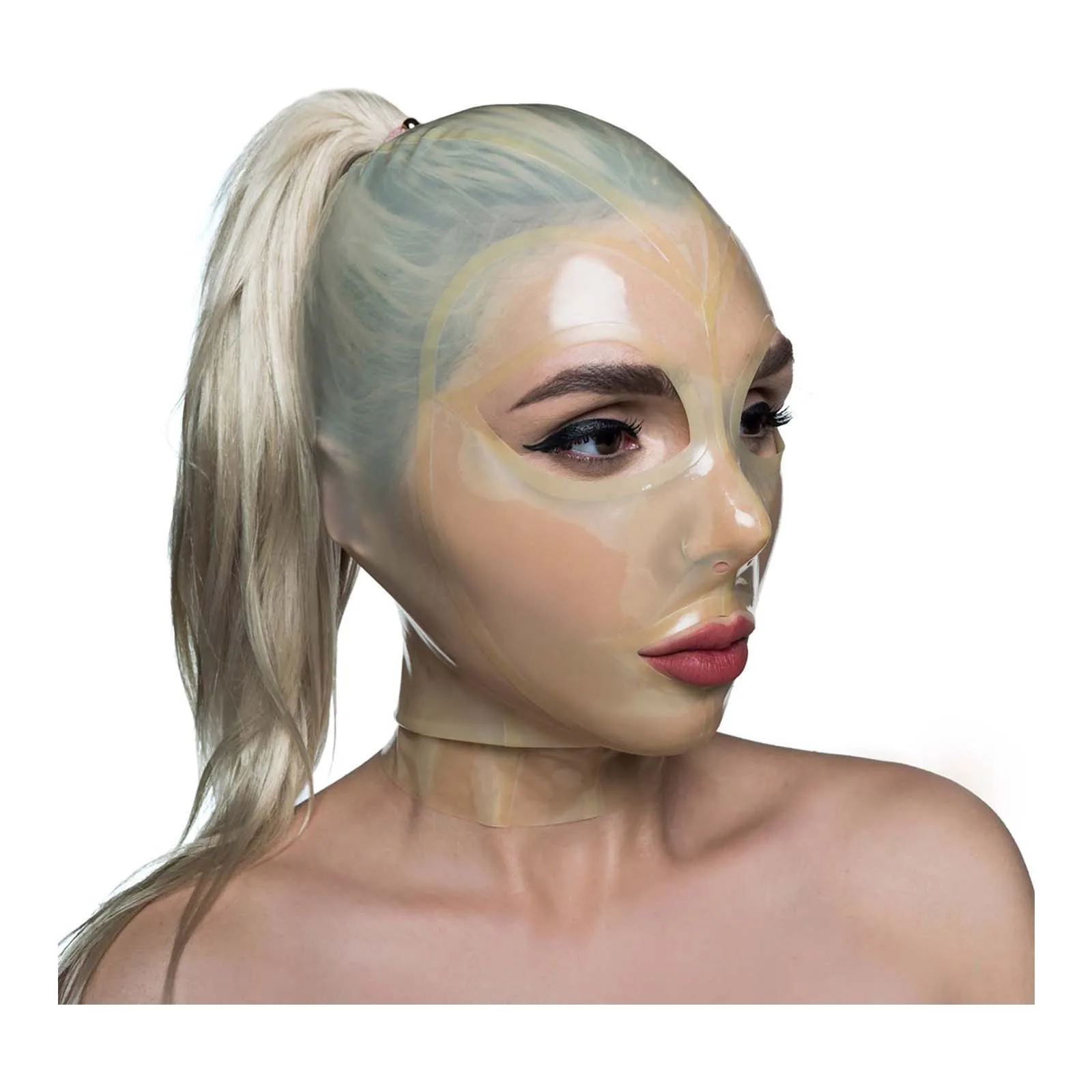 MONNIK Translucent Latex Mask Hood Ponytail Open and Back Zipper for Catsuit Cosplay Party Costume mysterious exotic beige white women handmade customize latex hoods mask back zipper zentai goggles masks hood eye