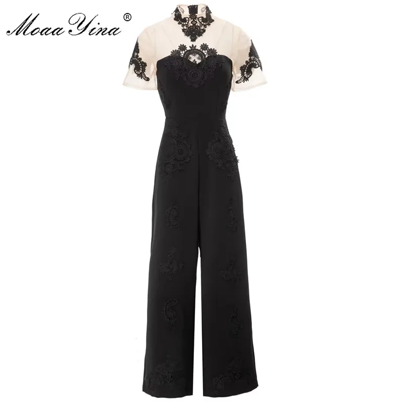 

MoaaYina Fashion Designer Spring Women's Romper Stand Collar Embroidery Short Sleeves Appliques Vintage Wide Leg Pants