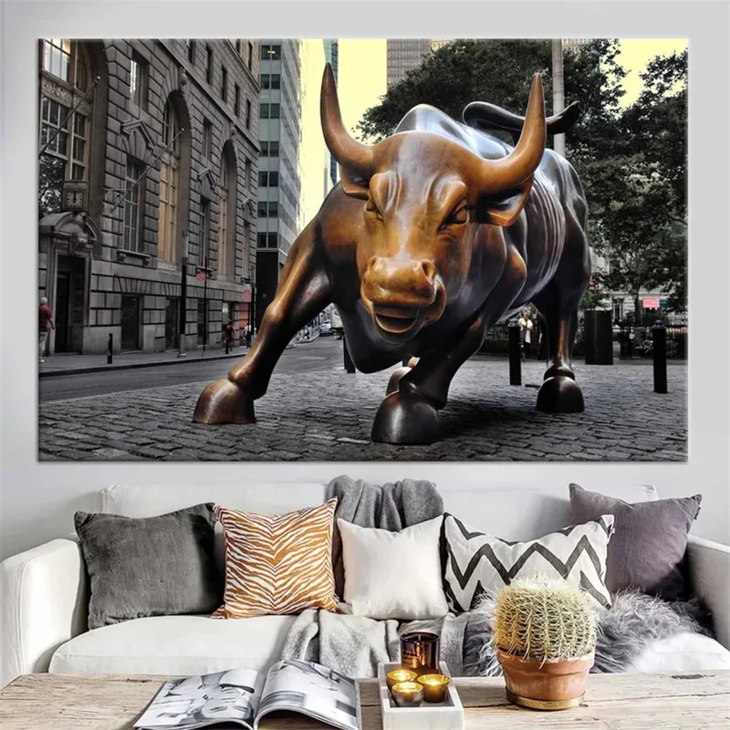 

Modern New York Sculpture Canvas Painting Charging Bull Poster Wall Street Landscape Wall Art Living Room Decoration Home Decor