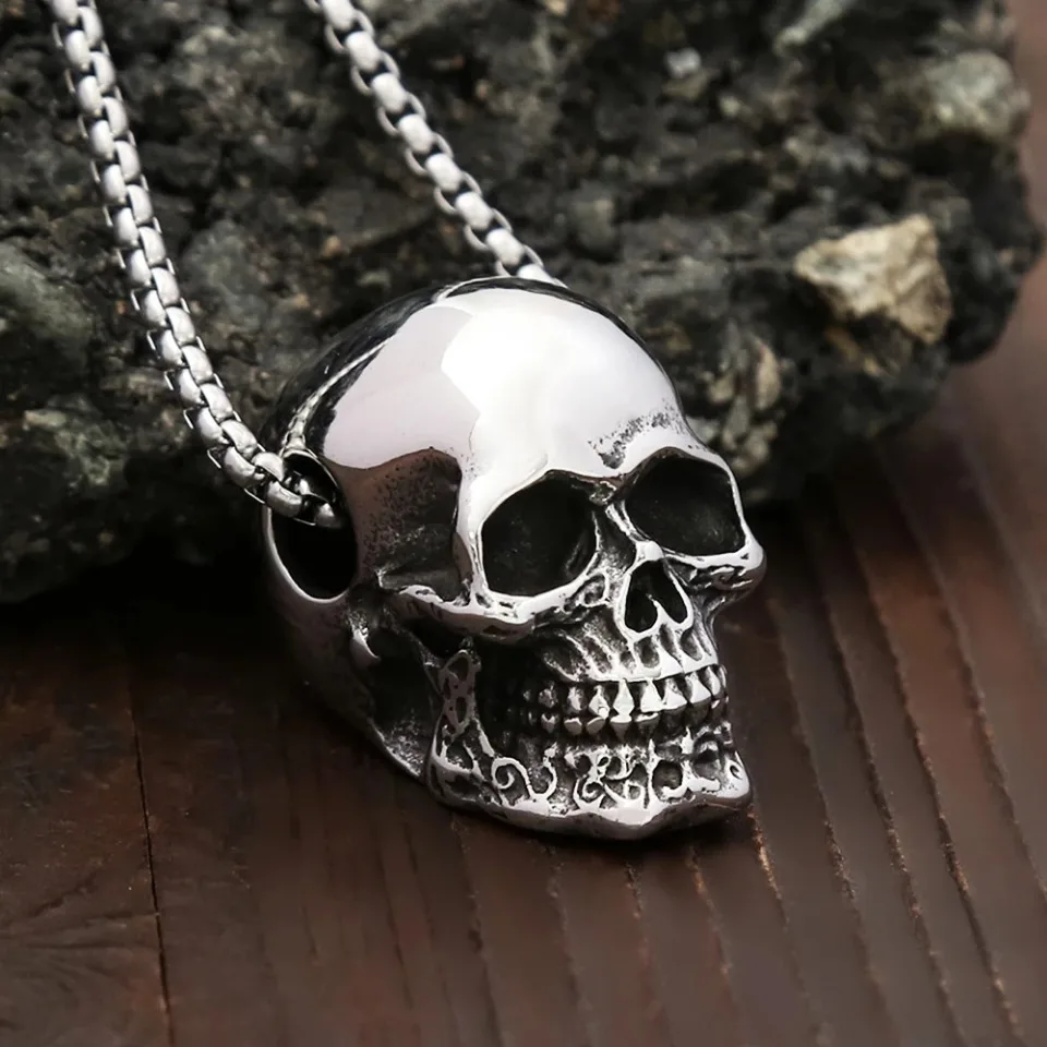 Vintage Hochglanzpolierte Schädel Anhänger Edelstahl Punk Hip Hop Skeleton Halskette Für Männer Gothic Partei Schmuck Geschenke Dropshipping