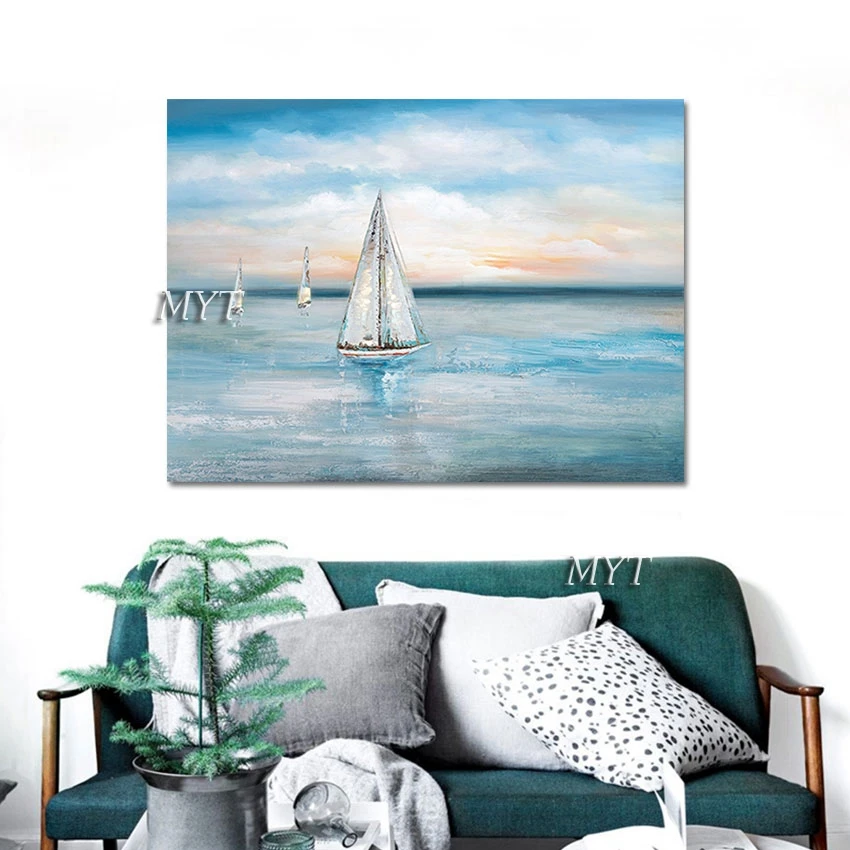 

Настенная картина из чистого холста ручной работы, современные картины, акриловое украшение, красивый абстрактный морской пейзаж, парусник, ручная роспись, без рамки