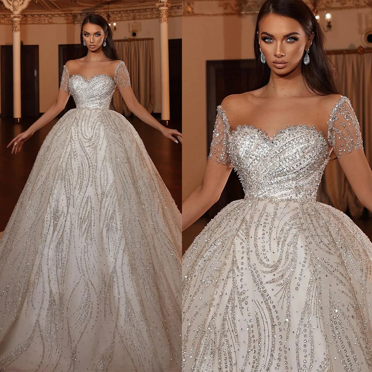 

Vintage A-Line Wedding Dress For Women Sequins Short Sleeves Bridal Gown O-Neck Skirt Sweep Train Dresses Custom Made