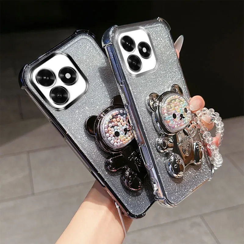 Enhanced Shockproof Phone Case with 3D Bear Stand and Crystal Chain Lanyard