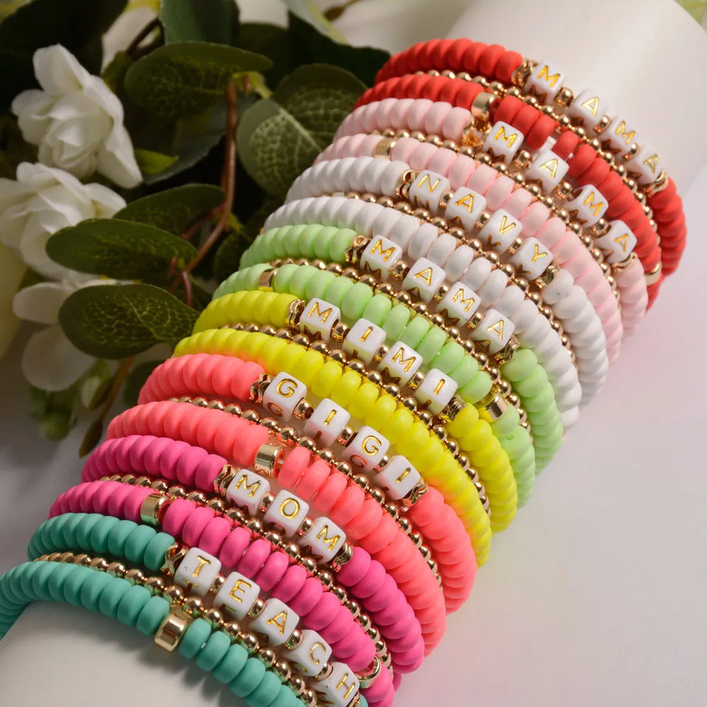 Personalized Letter Heishi Clay Bead Bracelet Custom Friendship