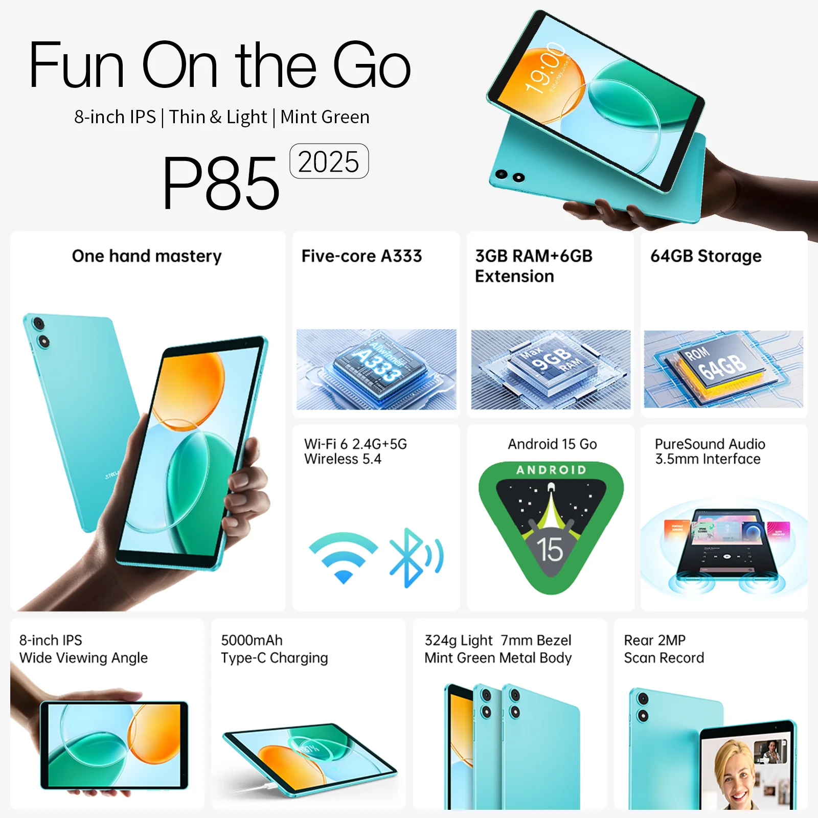 Teclast P85 안드로이드 15 태블릿 8인치 IPS 3+6GB RAM 64GB ROM A333 5코어 와이드바인 L1 Wi-Fi 6 타입-C 5000mAh 태블릿 PC 메탈 바디