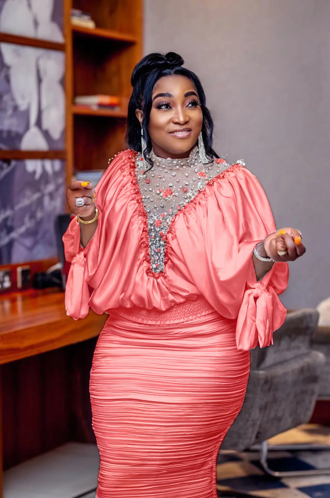 

Elegant African Women Half Sleeve Wedding Party Two 2 Piece Top Skirt Sets Outfits Summer Bead Mesh Fold Skirt Satin Evening Set