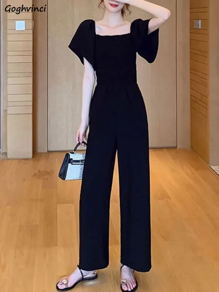 

Jumpsuits Women Solid Leisure Elegant Summer Square Collar Simple Retro Korean Style Fit All-match Streetwear High Waist Fashion