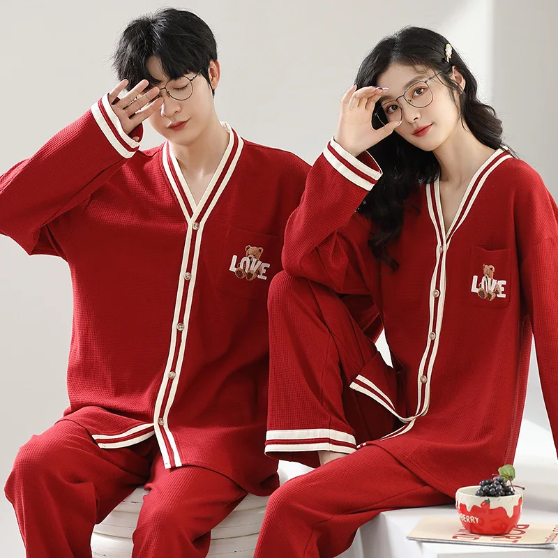 Autumn Winter Men's Waffle Pajama Set Long Sleeve Trousers Plus Size 3XL Loose-fit Casual Couple Home Clothes Women Loungewear pajama sets