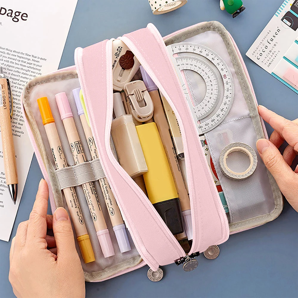 Large Capacity Pencil Cases 3 Compartment Pouch Pen Storage Bag Double Side Opening Student Stationery Organizer School Supplies