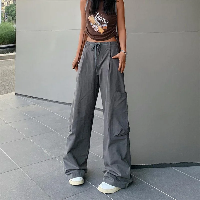 

2023 Women'S Drawstring Cargo Pants Spring Autumn Hip Hop Punk Joggers Sweatpants Low Wais Wide Leg Pants Casual Loose Long Trou
