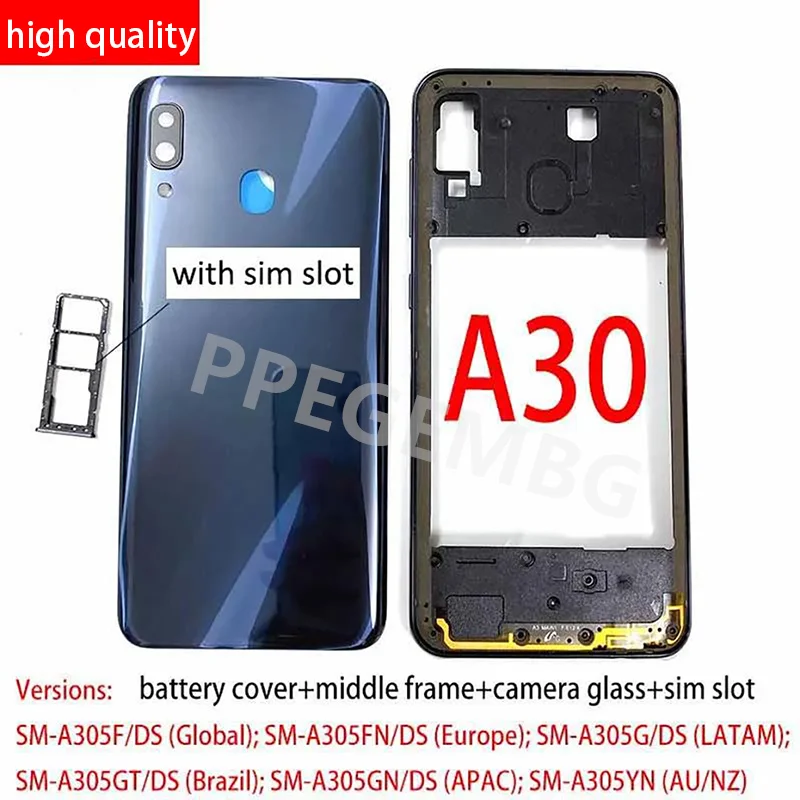 Новый корпус для Samsung Galaxy A30 A305 средняя рамка Корпус Крышка батарейного отсека Корпус задняя панель камера Стекло слот для Sim-карты
