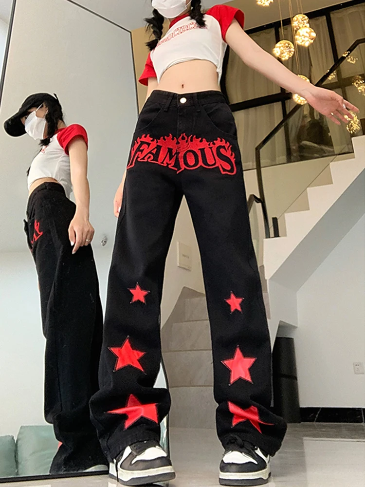 

Streetwear Red Pentagram High Waist Baggy Jeans Y2K Hip Hop Harajuku Straight Denim Boyfriend Jeans For Women Trousers 2023 New