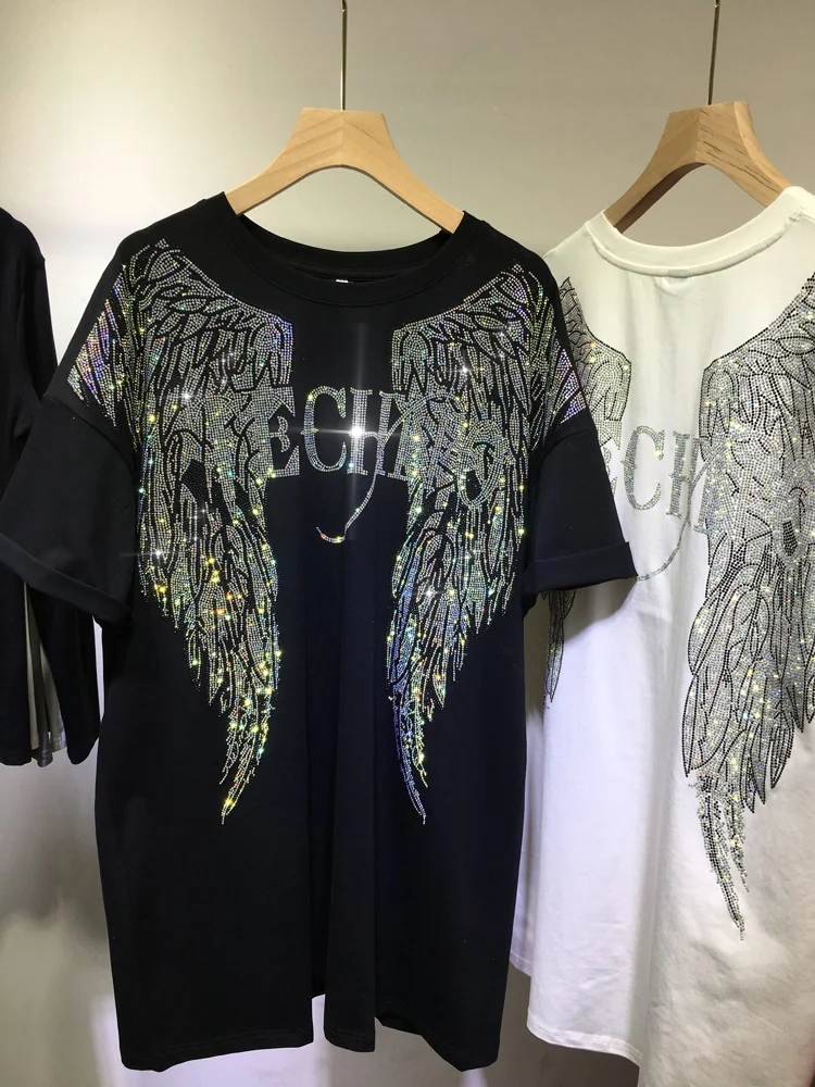 L-4XL Oversize Rhinestone Angel Wings Harley T shirt Clothing for Women Men Hip Hop Streetwear Loose Short Sleeve Brand T-shirt