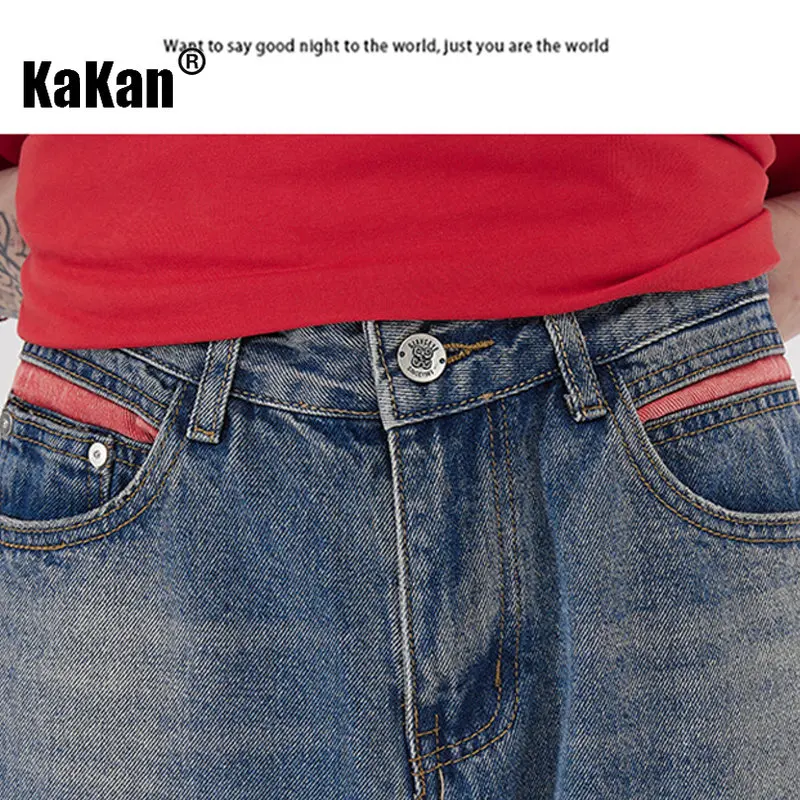 Kakan - New High Street Spliced Vertical Stripe Jeans for Men, Blue Straight Design Long Jeans K24-ZLJZT0017
