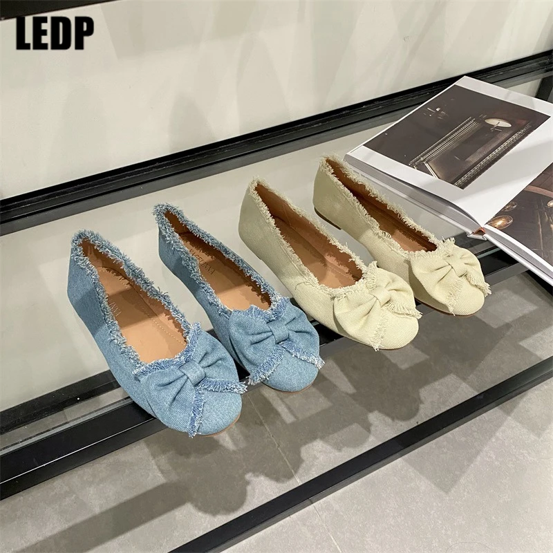 

Туфли женские холщовые с бантом, винтажные лоферы, плоская подошва, без застежки, бант, повседневная обувь, 2023