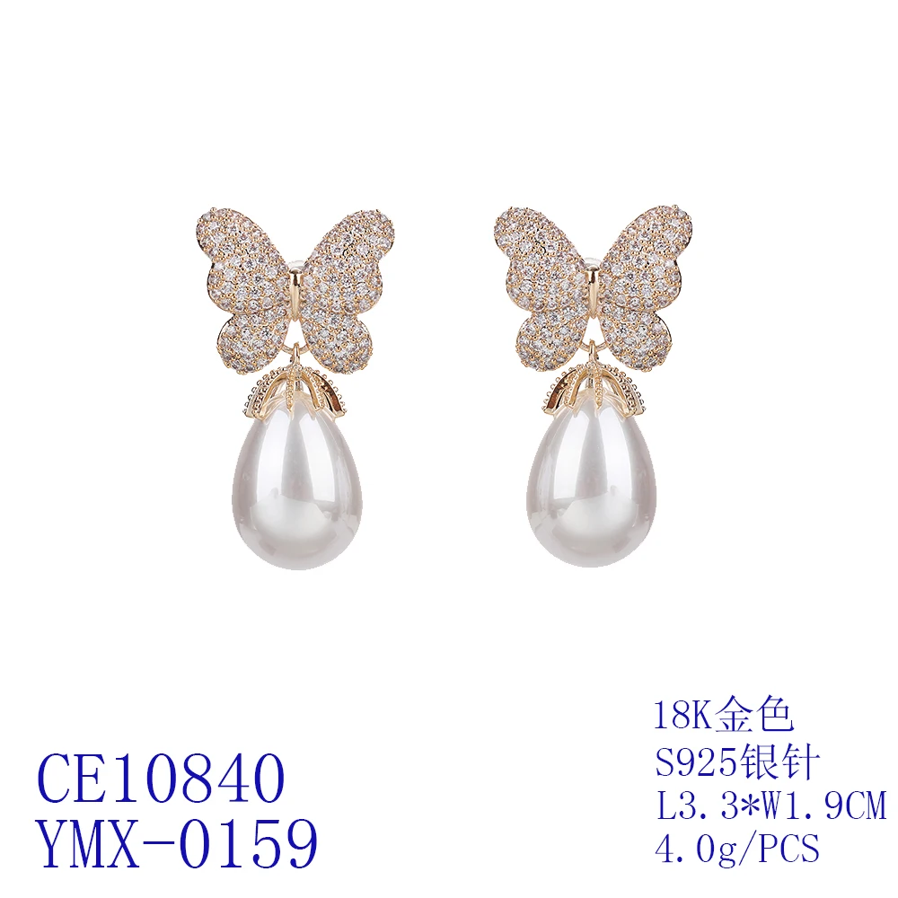 Pearl Cubic Zircon Butterfly Earrings for Wedding, Crystals Wing Earring for Bride, Women Girl Gift CE10840
