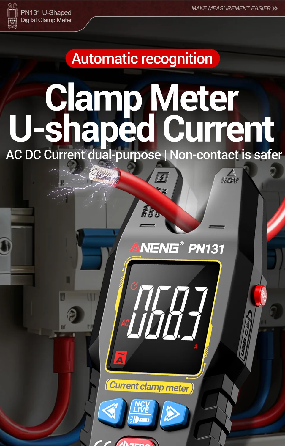 ANENG PN131 Zangenmultimeter, wiederaufladbar, 4000 Messungen, automatische Bereichswahl, AC/DC-Spannung, Strom, NCV, Widerstand, Elektriker-Messgerät – Detail 1