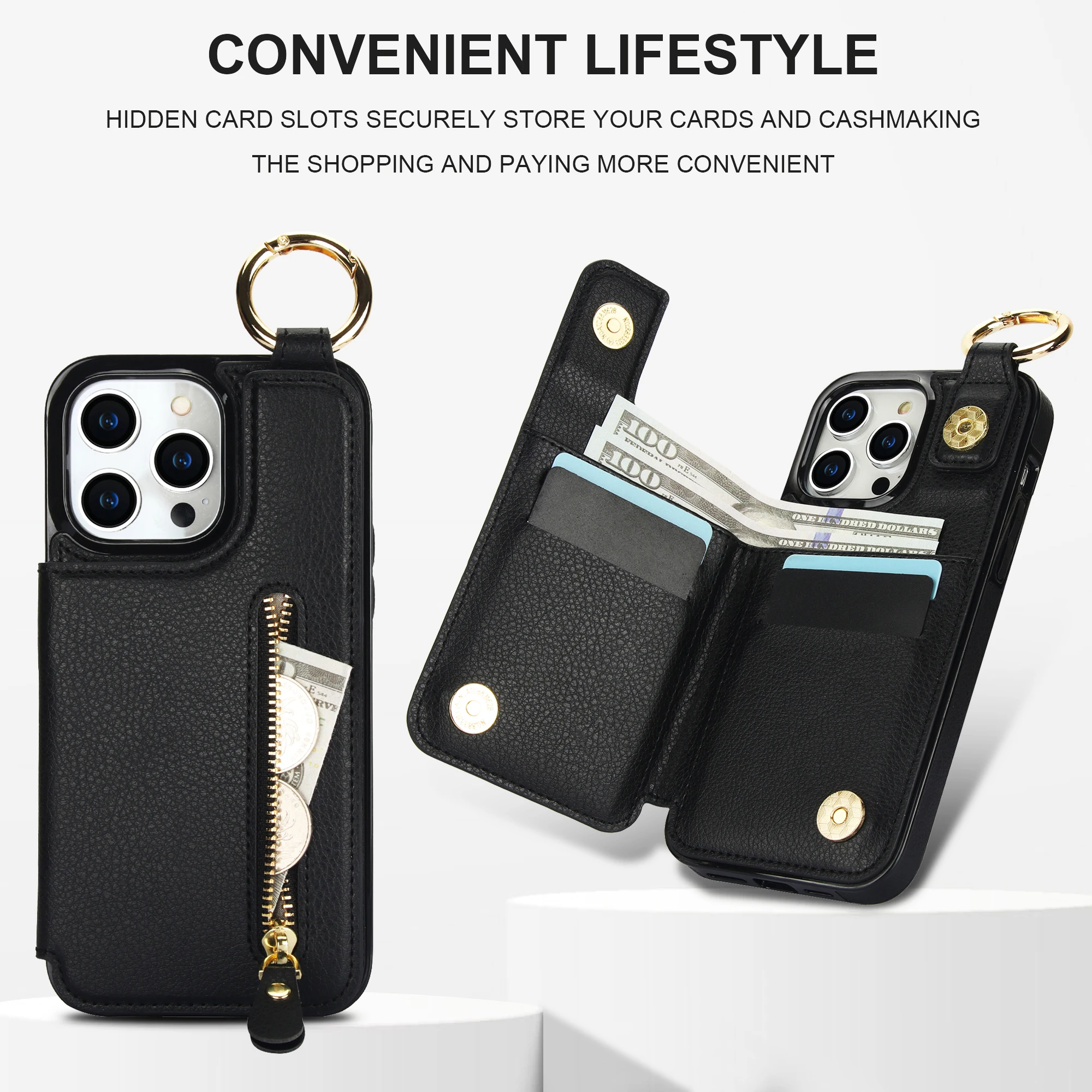 Litchi Leather Zipper Card Holder Wallet Case, Heavy Duty Ring Holder Cover, Kickstand, For iPhone 15 Pro Max 14 13 12 11 XR X 8