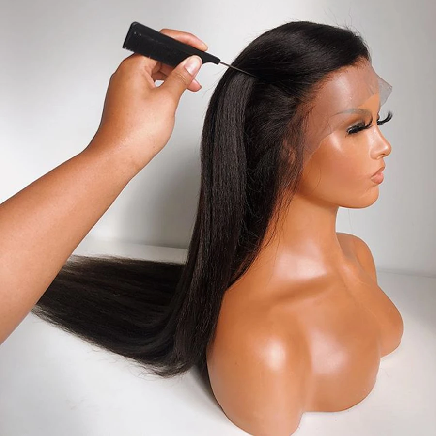 

26Inch Yaki Natural Black Soft Long 180%Density Kinky Straight Deep Lace Front Wig for Women BabyHair Glueless Preplucked Daily